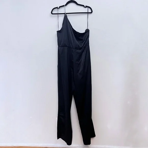 H&M Black Satin Asymmetrical One Shoulder Rhinestone Jeweled Strap Jumpsuit NWT - Picture 10 of 14